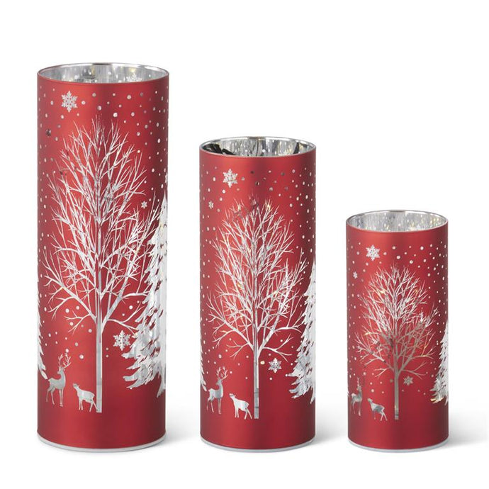 Red Laser Engraved Winter Scene LED Cylinder, 3 size options