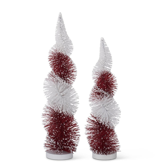 Glittered White & Red Spiral Striped Bottle Brush Tree, 2 size options