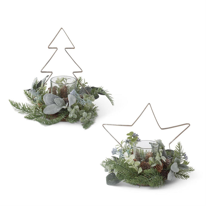 9 Inch Glittered Pine & Metal Tree/Star Candleholder, 2 style options