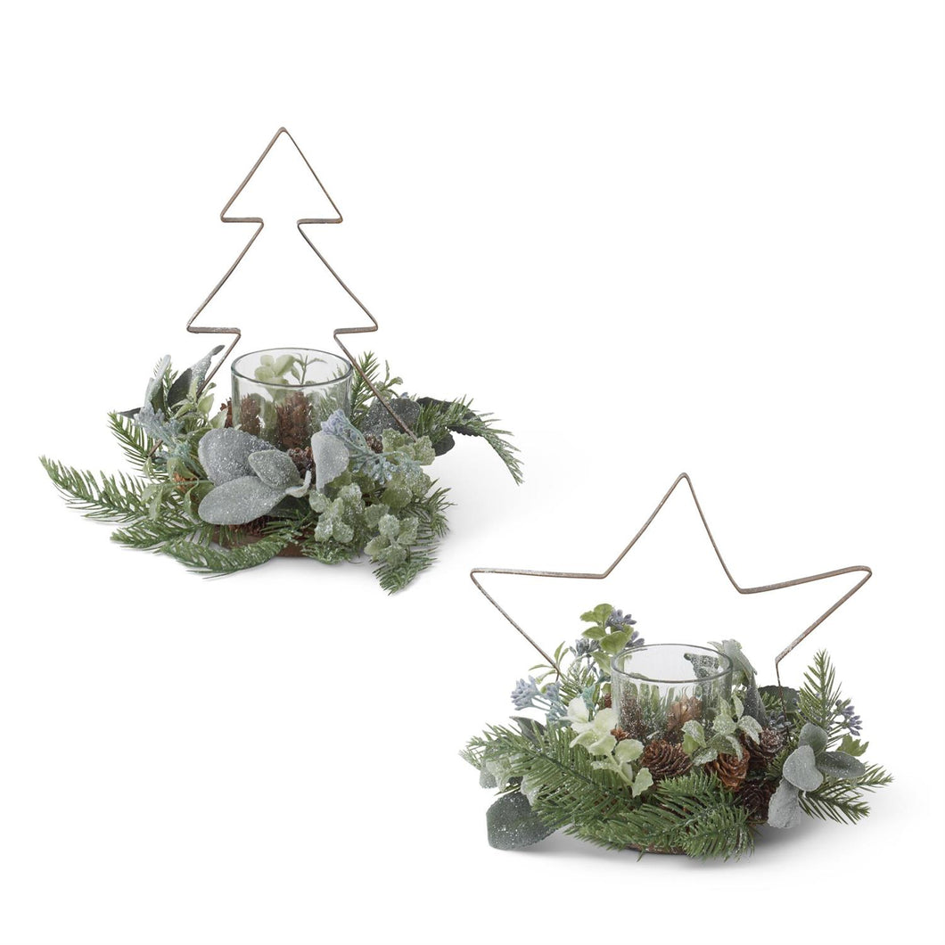 9 Inch Glittered Pine & Metal Tree/Star Candleholder, 2 style options
