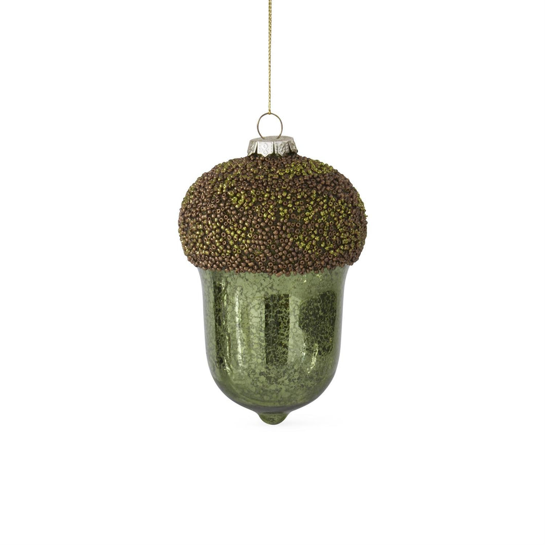 5.5 Inch Green Mercury Glass Acorn Ornament w/Glittered Beaded Top