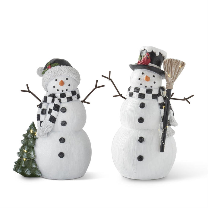 Resin White Glittered Woodgrain LED Musical Snowmen, 2 style options