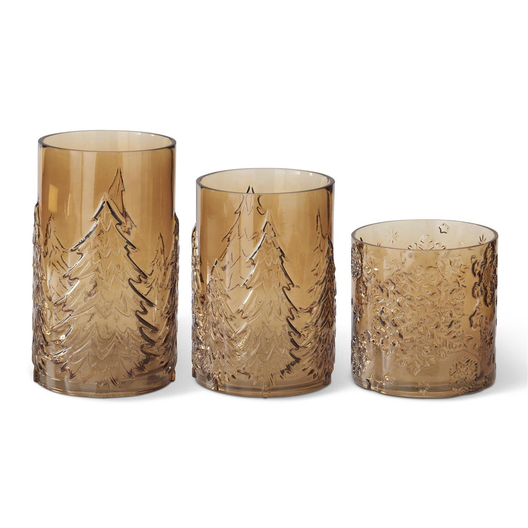 Tree & Snowflake Embossed Brown Transparent Glass Container, 3 size options