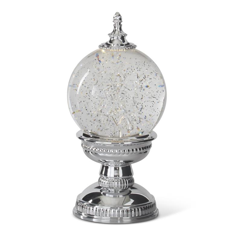 9.75 Inch Acrylic & Silver Water Spinning LED Snowflake Globe w/Timer