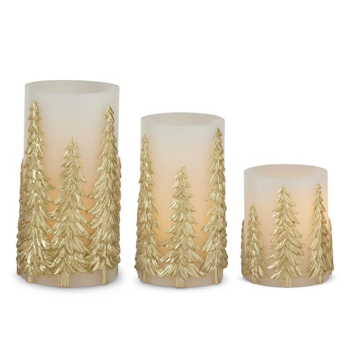 Gold Embossed Trees LED Pillar Candle w/Timer, 3 size options