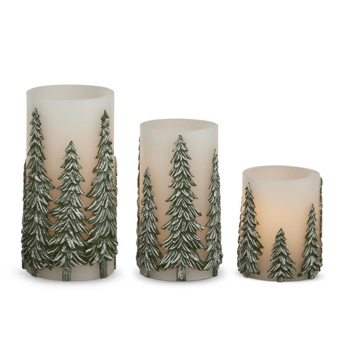 Green Embossed Trees LED Pillar Candle w/Timer, 3 size options
