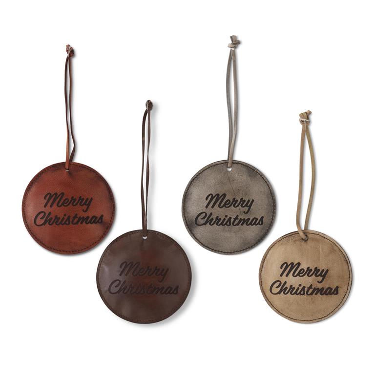 4 Inch Round Leather MERRY CHRISTMAS Engraved Ornament, 4 color options