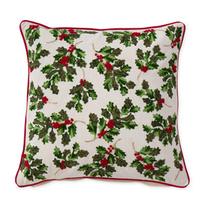 20 Inch Cream Cotton Pillow w/Holly Leaves & Berries
