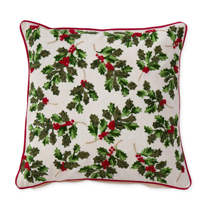 20 Inch Cream Cotton Pillow w/Holly Leaves & Berries