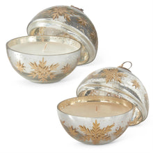 Load image into Gallery viewer, 4.5 Inch Silver Etched Gold Snowflake Filled Ornament Candle