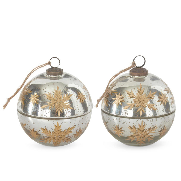 4.5 Inch Silver Etched Gold Snowflake Filled Ornament Candle