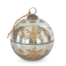 Load image into Gallery viewer, 4.5 Inch Silver Etched Gold Snowflake Filled Ornament Candle