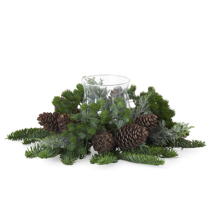 16 Inch Mixed Pine & Pinecones Candle Ring w/Glass Hurricane