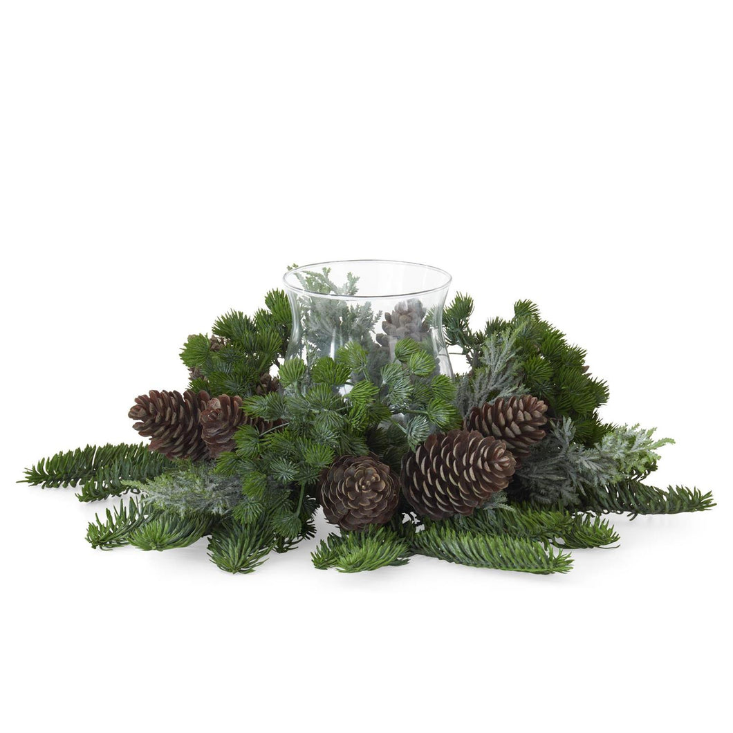 16 Inch Mixed Pine & Pinecones Candle Ring w/Glass Hurricane