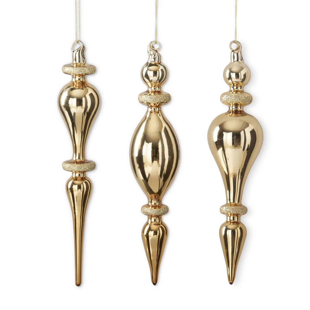 8.5 Inch Gold Glass Finial Ornaments w/Gold Glitter Trim, 3 style options