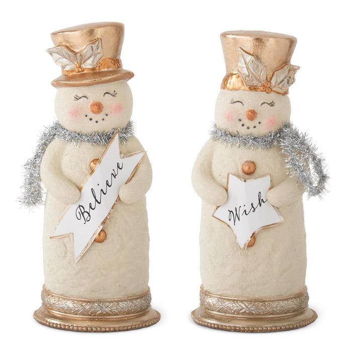 10 Inch Snowmen w/Silver Tinsel Collar & Sign, 2 style options