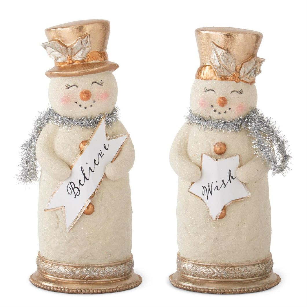 10 Inch Snowmen w/Silver Tinsel Collar & Sign, 2 style options