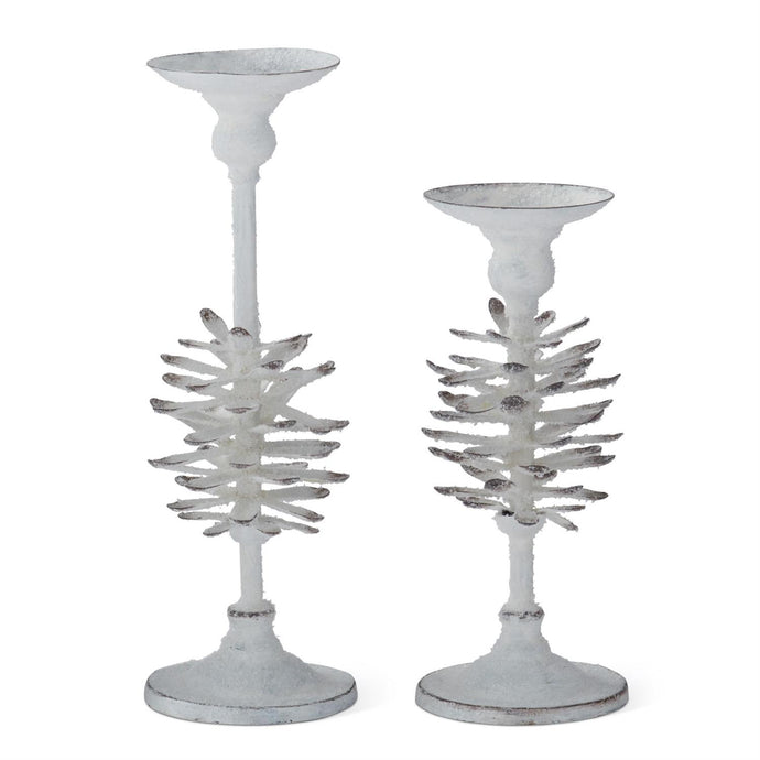 White Glittered Flocked Pinecone Candleholder, 2 size options