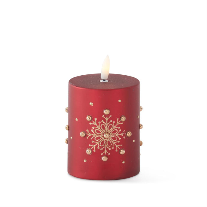 4 Inch Gold Snowflake Red Pillar Candle w/LED Flame & Timer