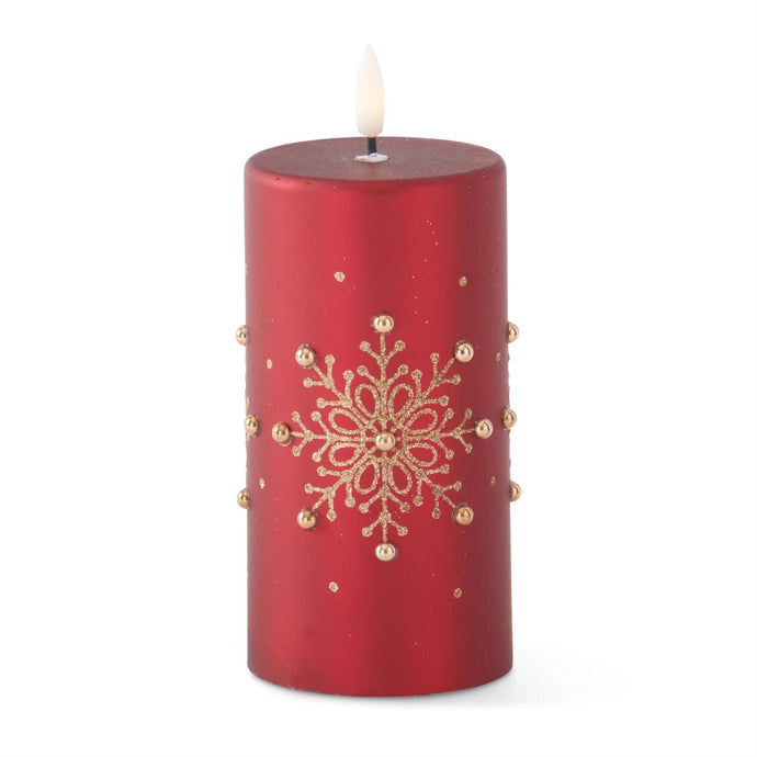 6 Inch Gold Snowflake Red Pillar Candle w/LED Flame & Timer