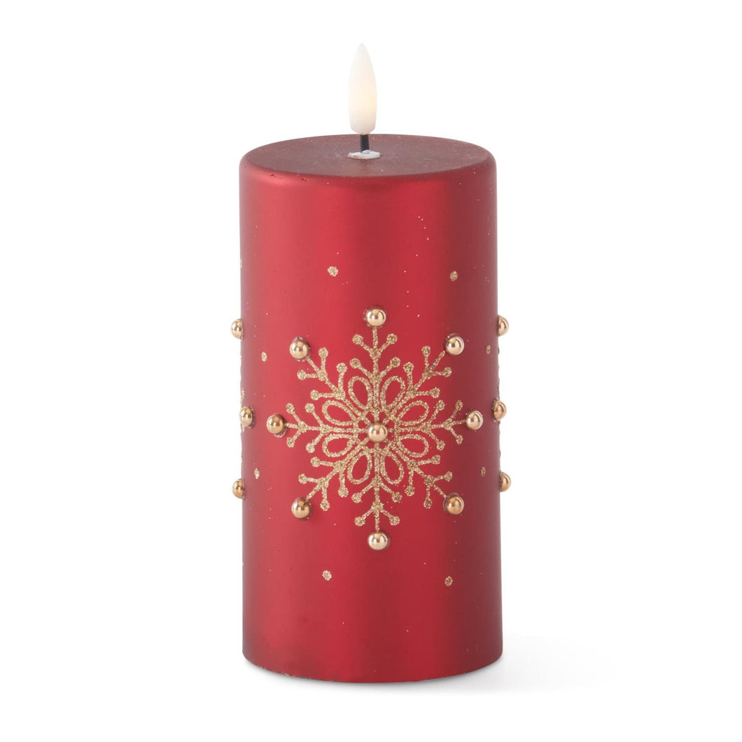 6 Inch Gold Snowflake Red Pillar Candle w/LED Flame & Timer