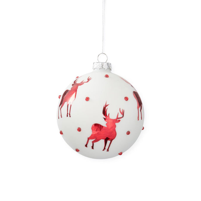4.5 Inch White Glass Ornament w/Red Reindeer & Crystals