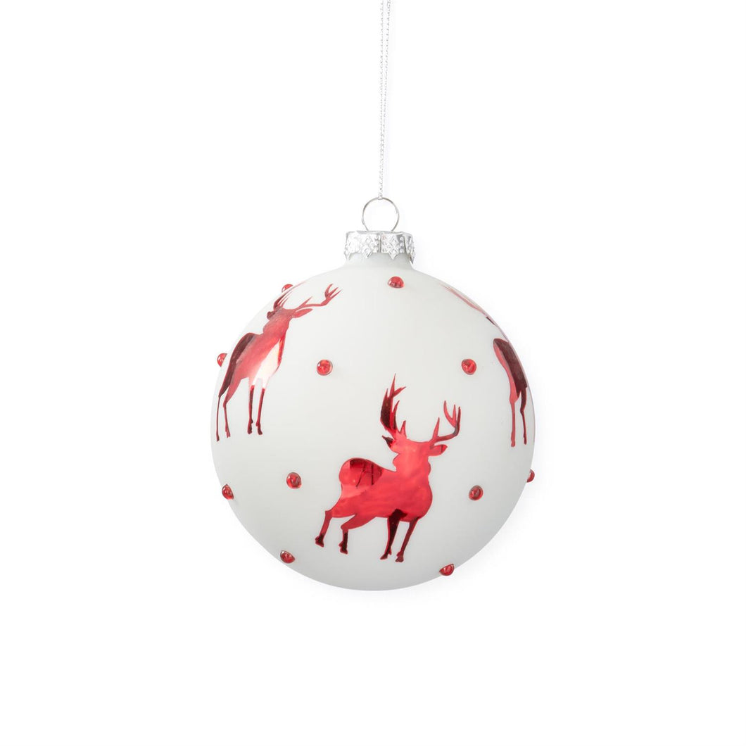 4.5 Inch White Glass Ornament w/Red Reindeer & Crystals