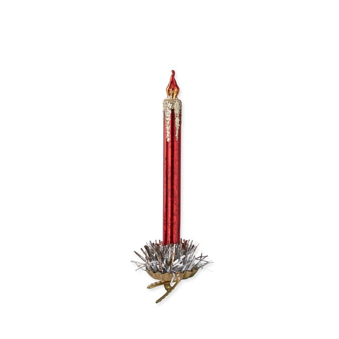 7.25 Inch Red Glass Taper Candle Ornament w/Branch Clip