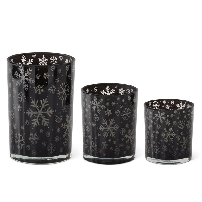 Black Glass Container w/Snowflakes, 3 size options