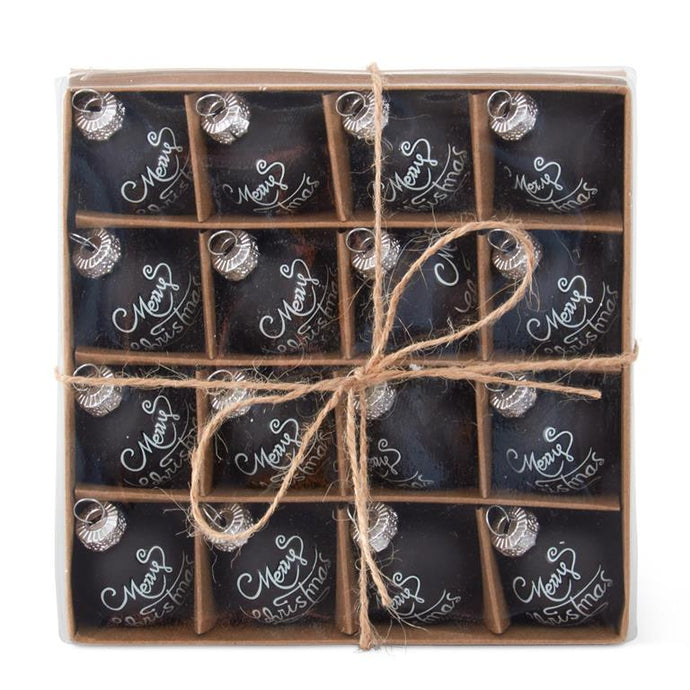 Box of 16 Mini 1 Inch Black Merry Christmas Glass Ornaments