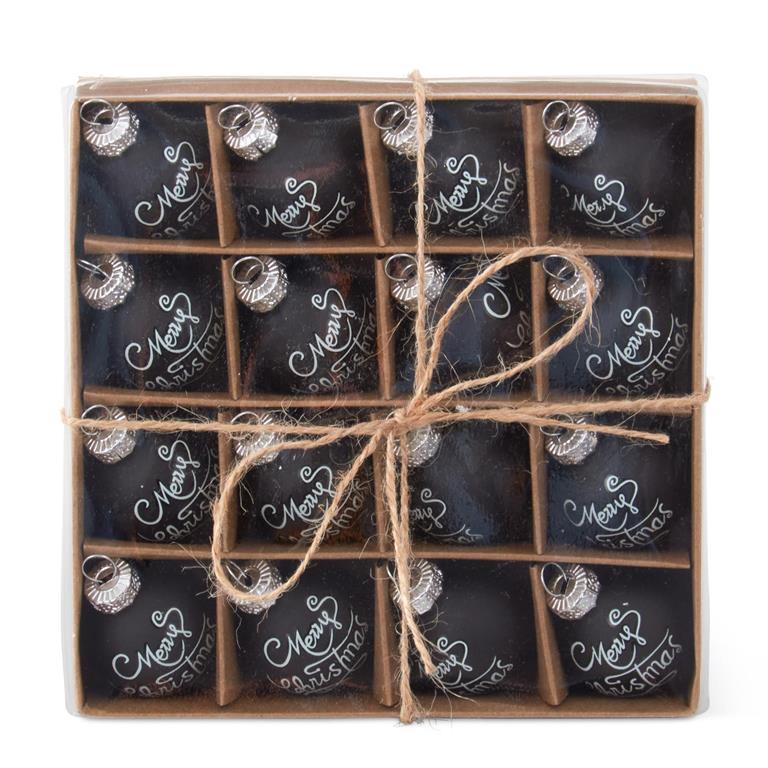 Box of 16 Mini 1 Inch Black Merry Christmas Glass Ornaments