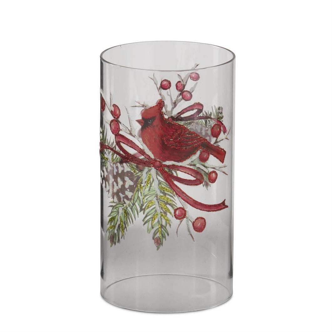 7.75 Inch Clear Glass Cardinal & Pinecone Candle Slip Cover
