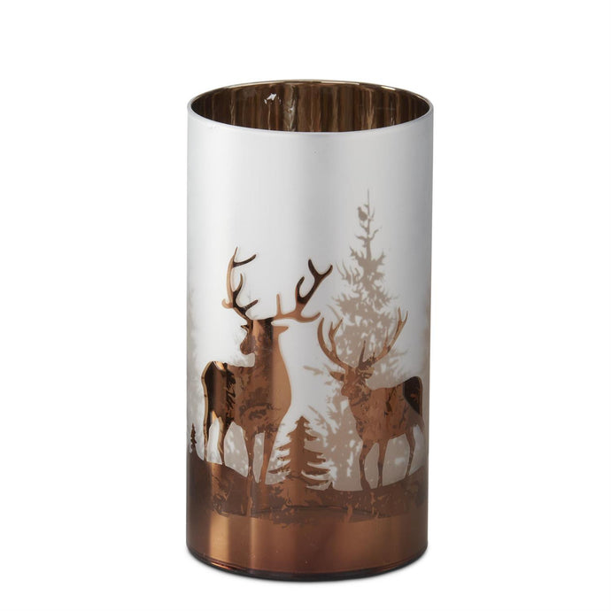 7.75 Inch White & Brown Frosted Glass Deer Winter Scene Candle Slip Cover