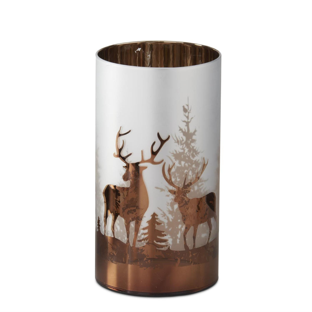 7.75 Inch White & Brown Frosted Glass Deer Winter Scene Candle Slip Cover