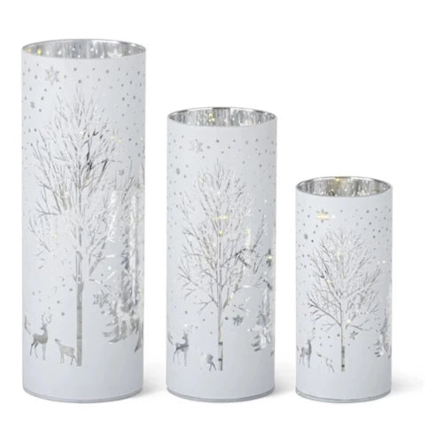 White Laser Engraved Winter Scene LED Cylinder, 3 size options