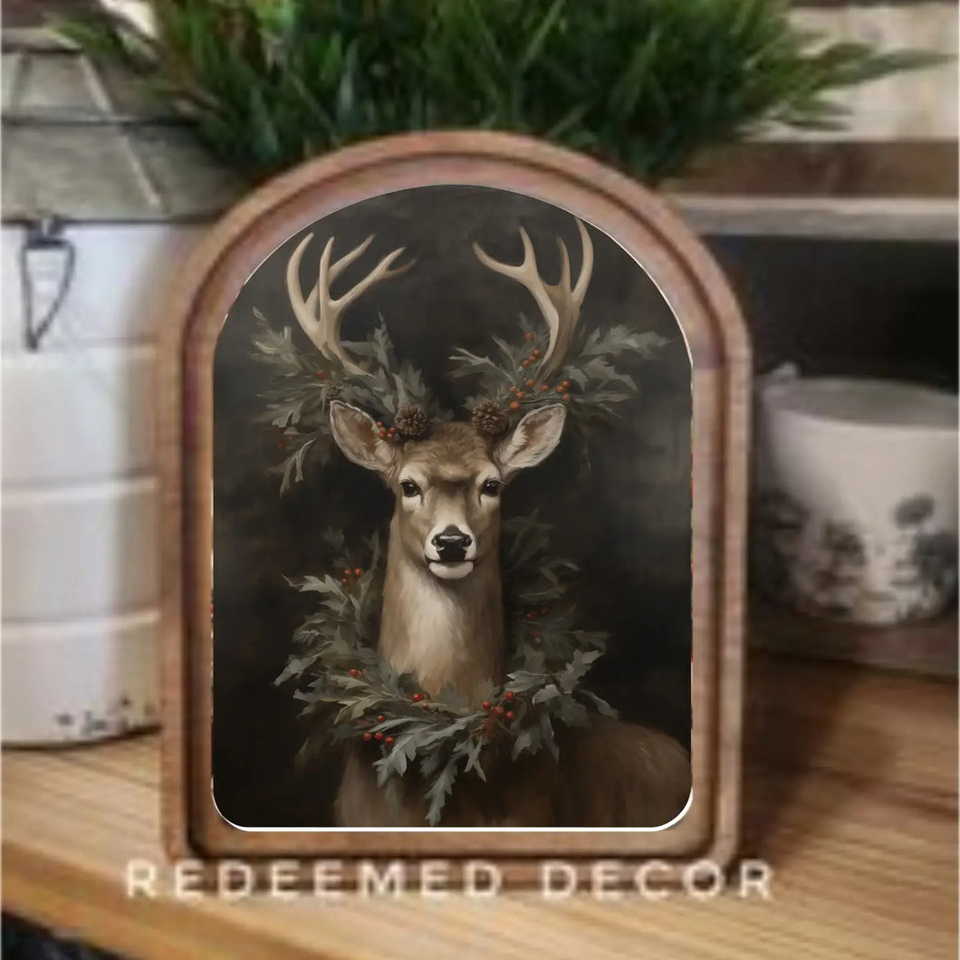 Arch Top Wreath Deer Framed Art