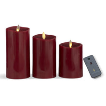 Load image into Gallery viewer, Set of 3 Burgundy Wax Luminara Pillar Candles w/2 Button Remote