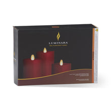 Load image into Gallery viewer, Set of 3 Burgundy Wax Luminara Pillar Candles w/2 Button Remote