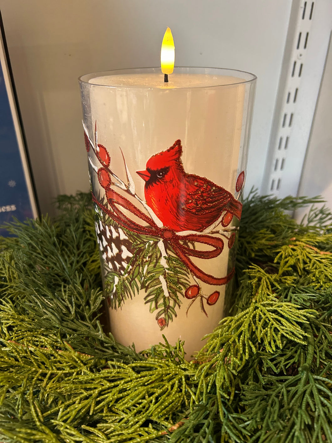 CLEAR GLASS CARDINAL CANDLE SLIP COVER W/LED CANDLE