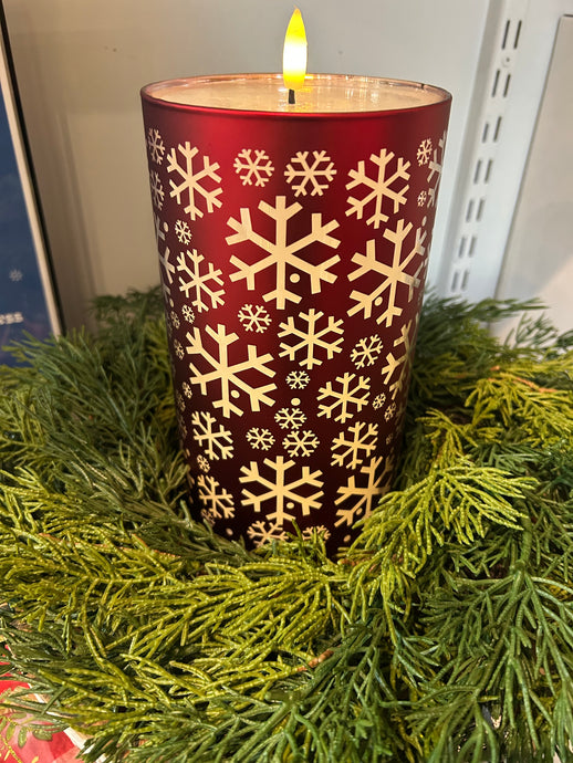 Red Snowflake CANDLE SLIP COVER W/LED CANDLE