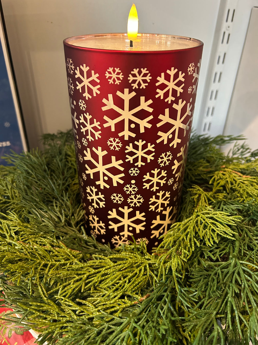 Red Snowflake CANDLE SLIP COVER W/LED CANDLE