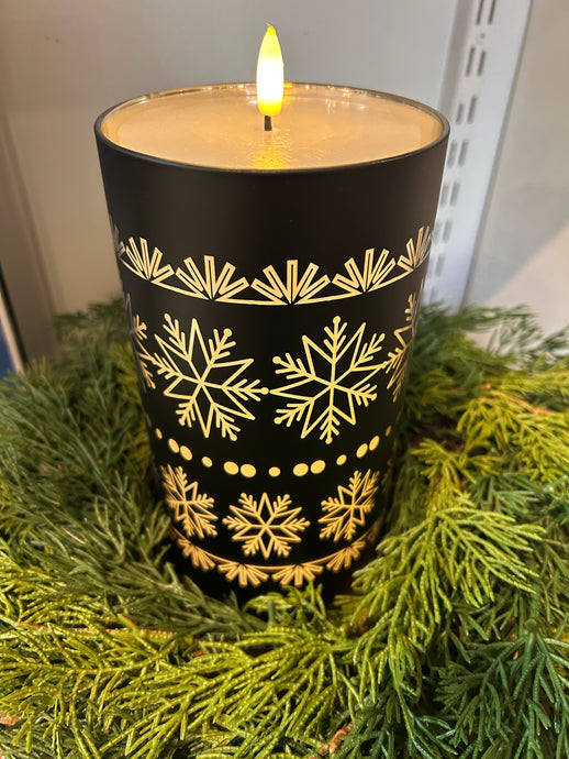 Black snowflake CANDLE SLIP COVER W/LED CANDLE