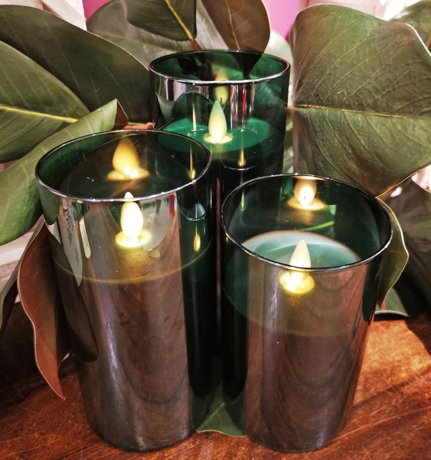 DARK GREEN GLASS PILLAR CANDLE SET