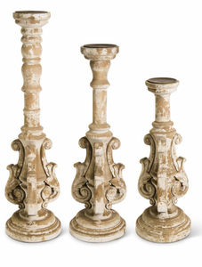 DISTRESSED WOOD ORNATE CANDLEHOLDERS