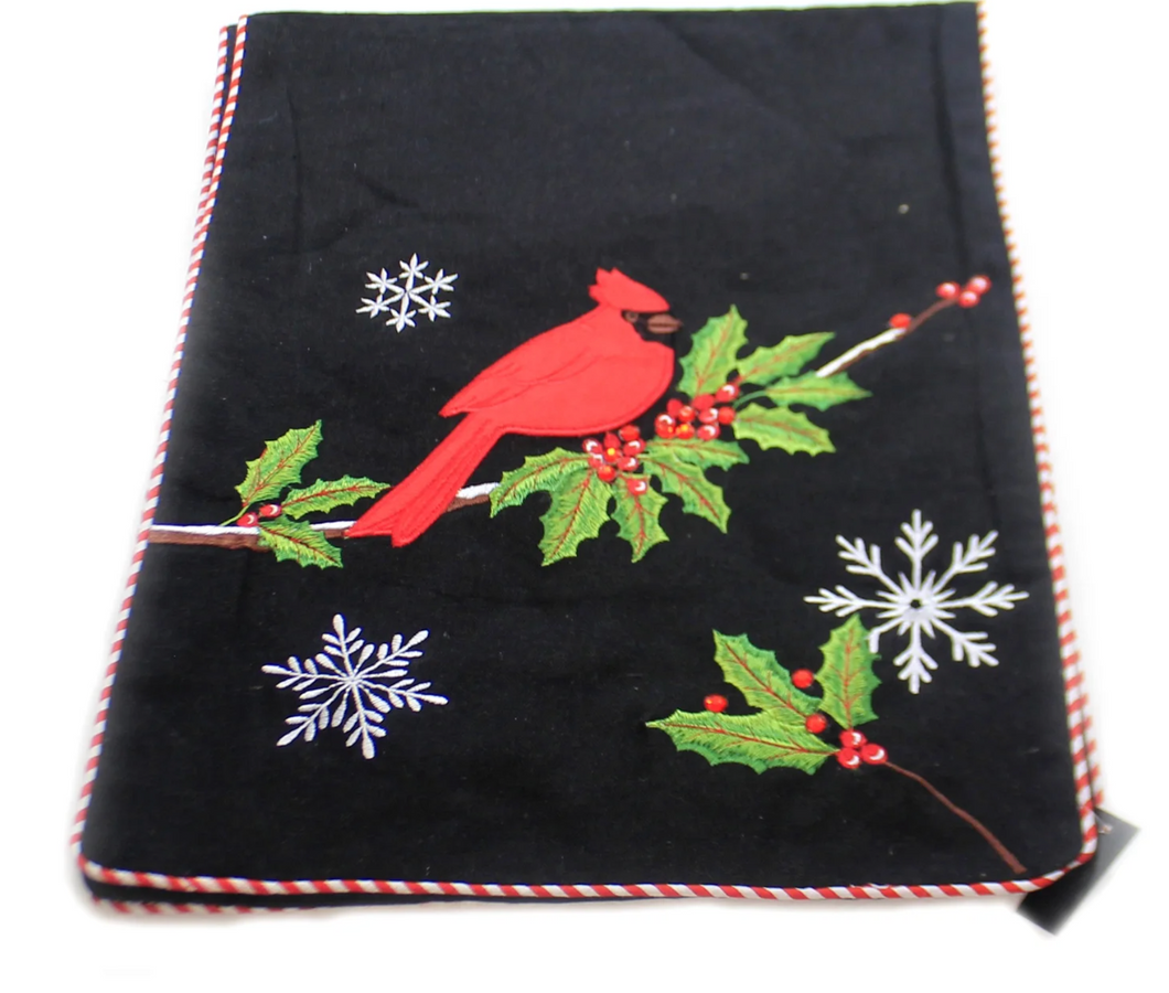 Black Table Runner W/Cardinal Cotton Embroidered Snowflakes