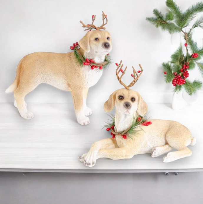 RESIN BROWN DOGS W/ANTLERS AND WREATH (2 STYLES)