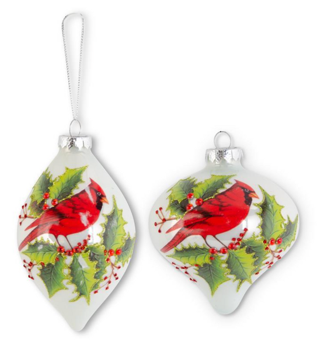 WHITE PEARL GLASS ONION/TEARDROP ORNAMENTS W/CARDINAL (2 Styles)