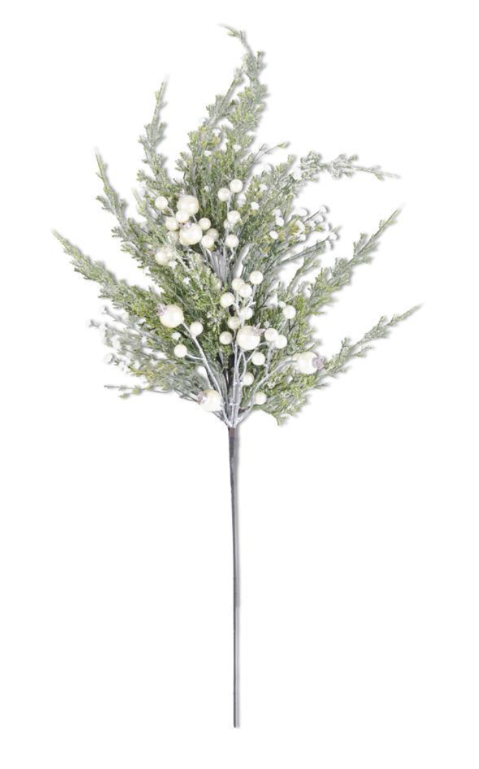 30 INCH SNOWY CYPRESS PINE SPRAY W/PEARLS