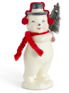 7.75 INCH GLITTERED SNOWMAN W/RED EARMUFFS & SCARF HOLDING BOTTLE