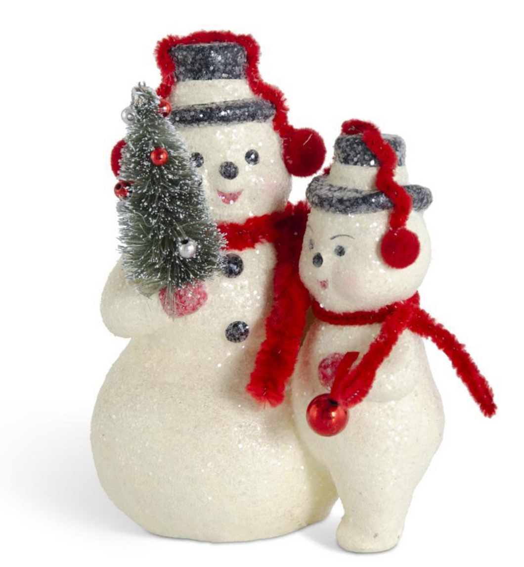 6.25 INCH GLITTERED SNOWMEN W/RED EARMUFFS & SCARVES HOLDING BOTTLE